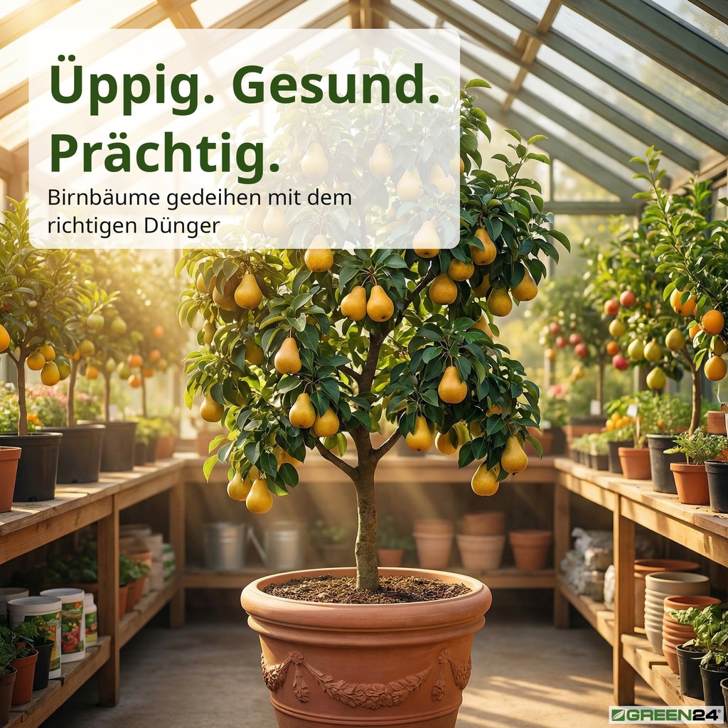 Üppiger Birnbaum Pyrus communis im Terrakotta-Kübel in der Gärtnerei – reiche Ernte goldgelbe Birnen Gewächshaus