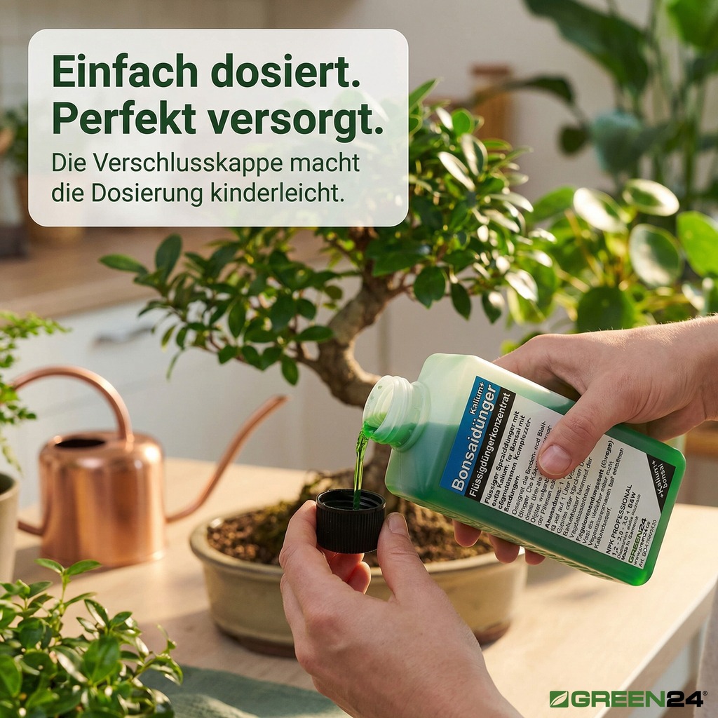 Einfache Dosierung des Bonsai-Düngers NPK Kalium+ mit der Verschlusskappe. Einfach dosiert. Perfekt versorgt.