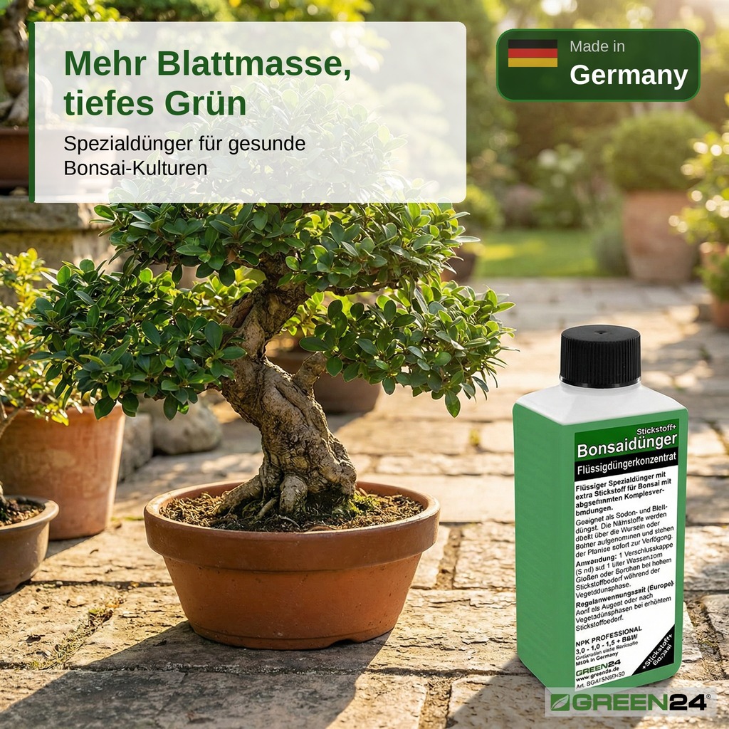 Bonsai-Dünger NPK Stickstoff+ - Bonsai-Baum in einem Tontopf mit kräftigem verschlungenem Stamm und üppigem grünem Blattwerk, Made in Germany.