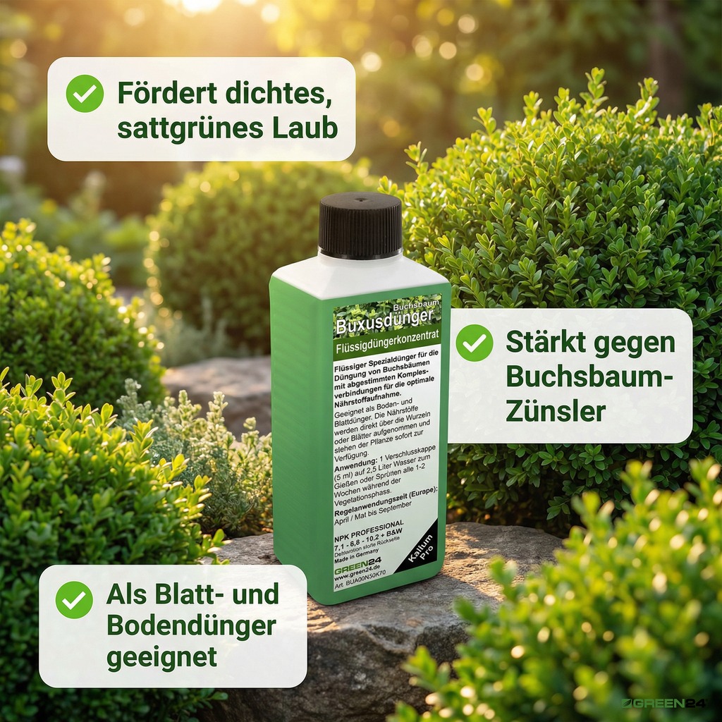 Buxusdünger mit drei Vorteilen: dichtes Laub, Zünsler-Schutz, Blatt- und Bodendünger.