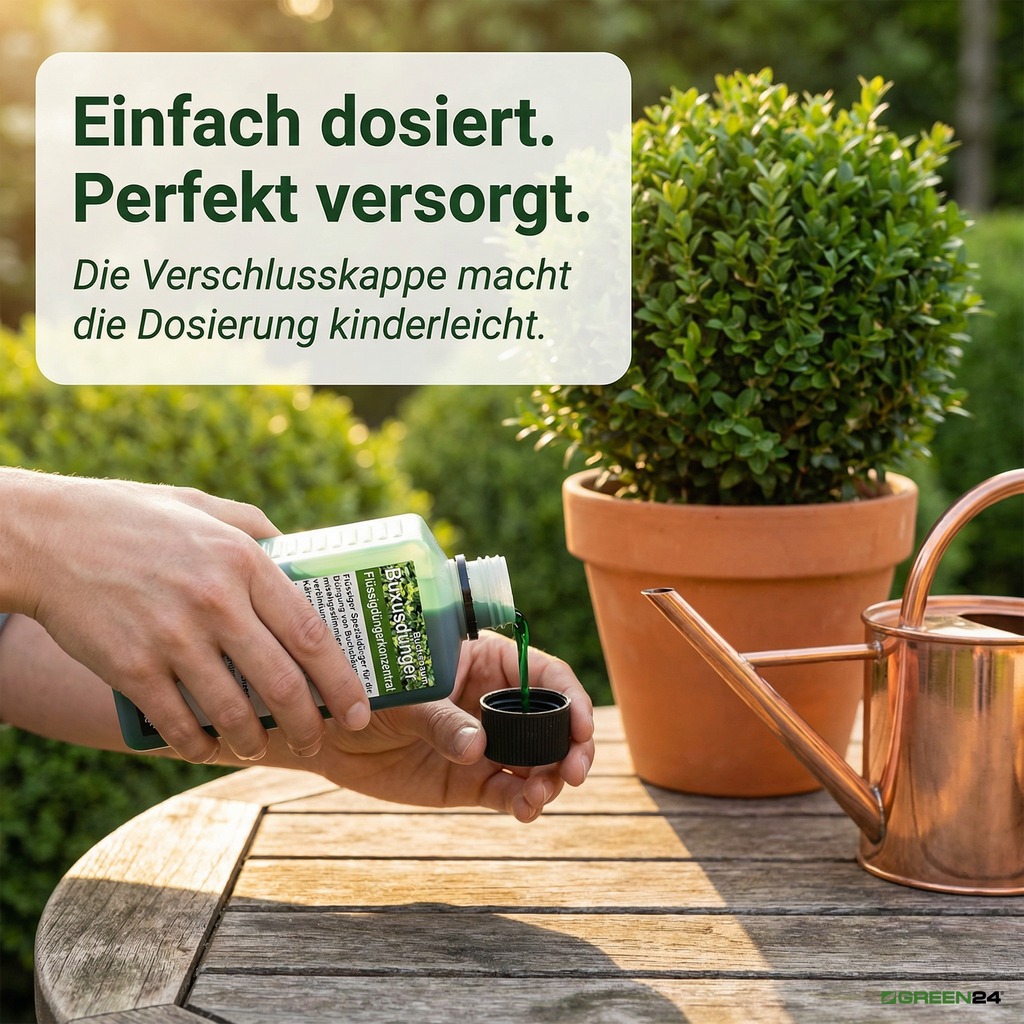 Dosierung des Buchsbaumdüngers mit der Verschlusskappe 