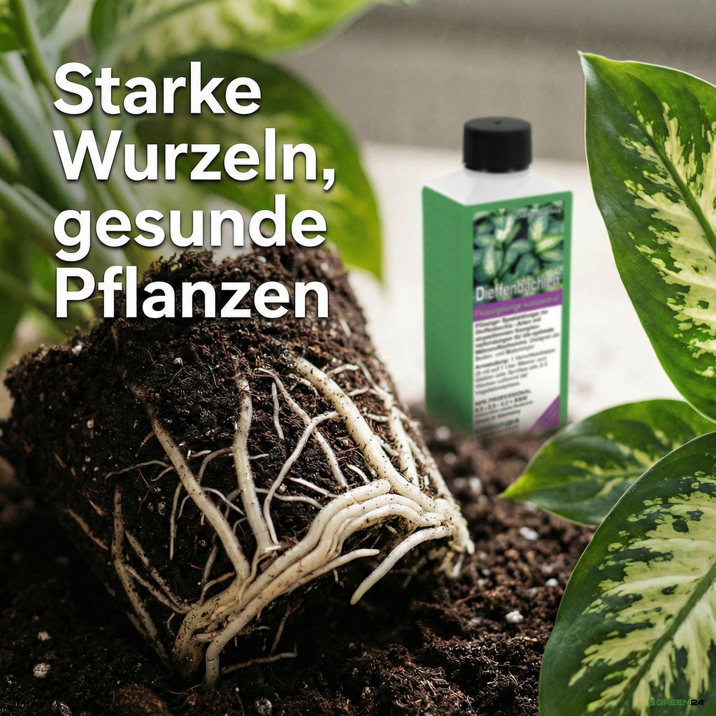 Dieffenbachia Dünger, gesunde weiße Wurzeln in dunkler Blumenerde