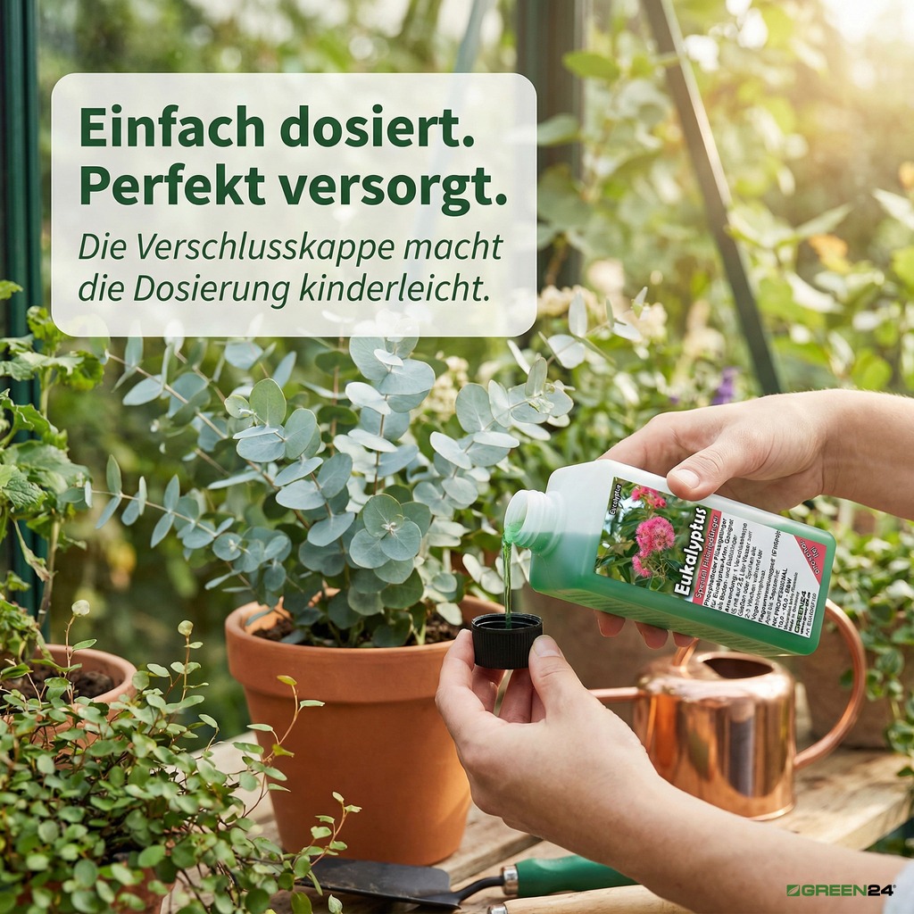 Eukalyptus-Dünger mit der Verschlusskappe dosieren