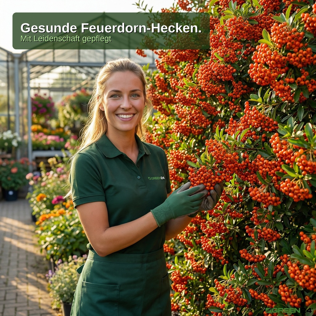Üppige Feuerdorn-Hecke mit orangeroten Beeren nach dem Düngen
