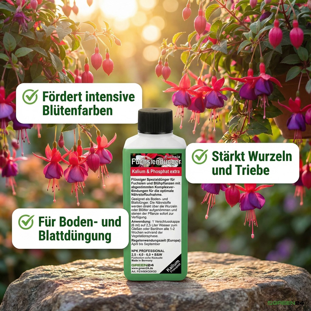 Fuchsiendünger für intensive Farben und grüne Blätter.