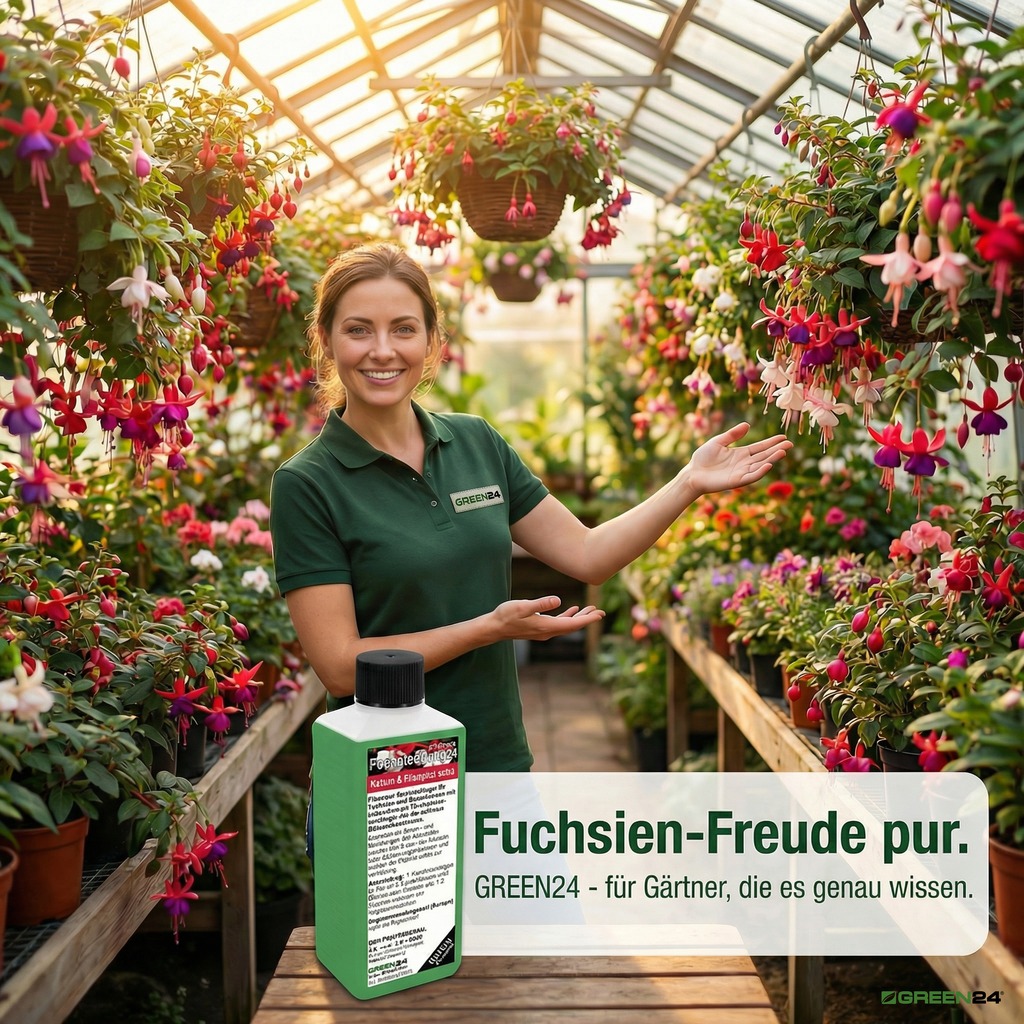Fuchsiendünger Kalium & Phosphat extra im Gewächshaus für voller blühende Fuchsien in Töpfen und Hängeampeln.