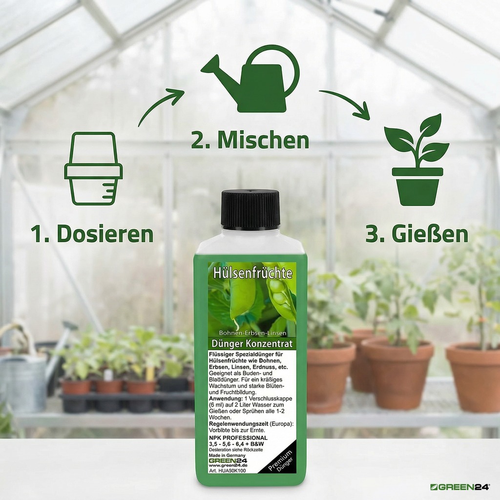 Hülsenfrucht Dünger mit Dosieranleitung für Mischen und Gießen