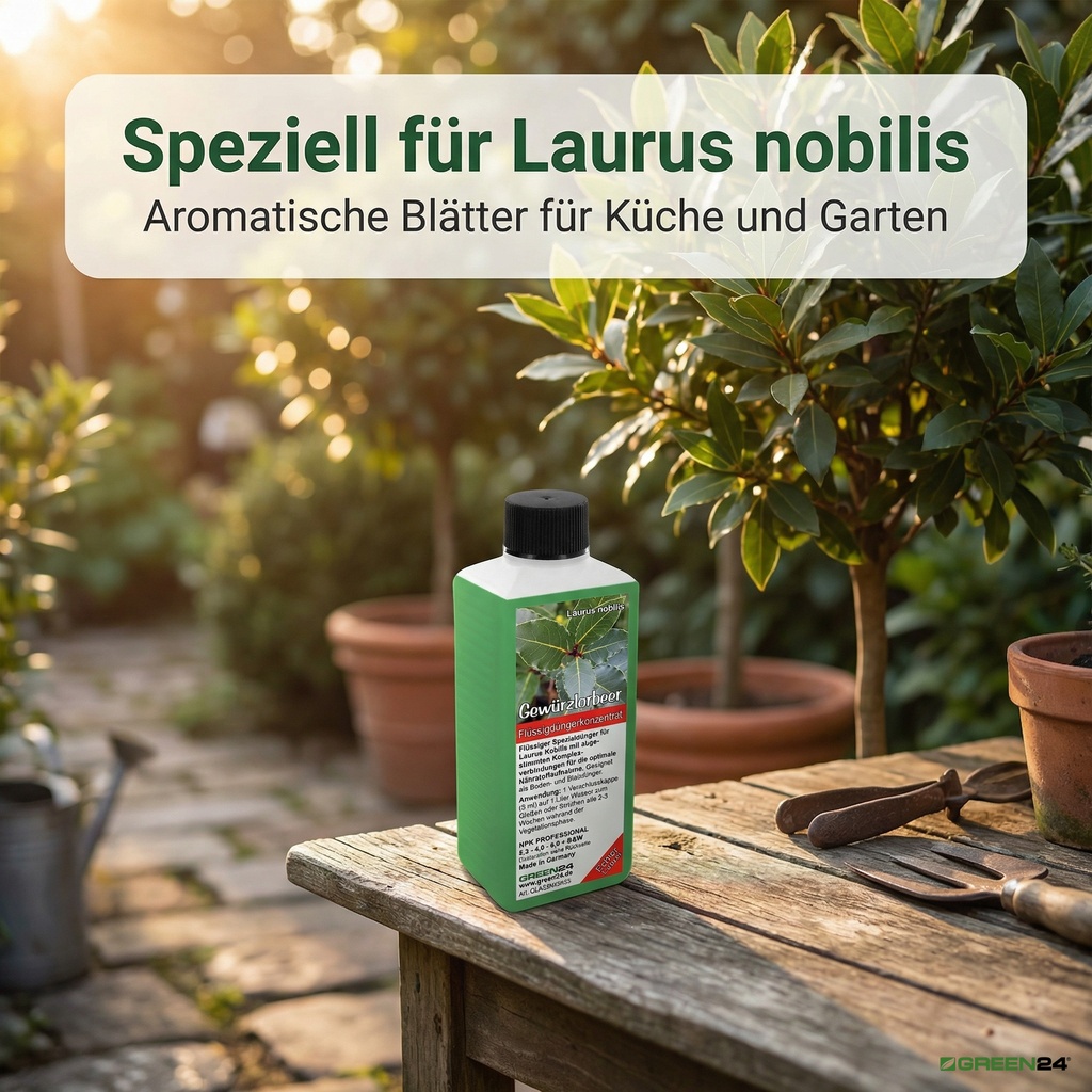 Gewürzlorbeer-Dünger in mediterranem Garten mit gesunden Lorbeerpflanzen im Hintergrund