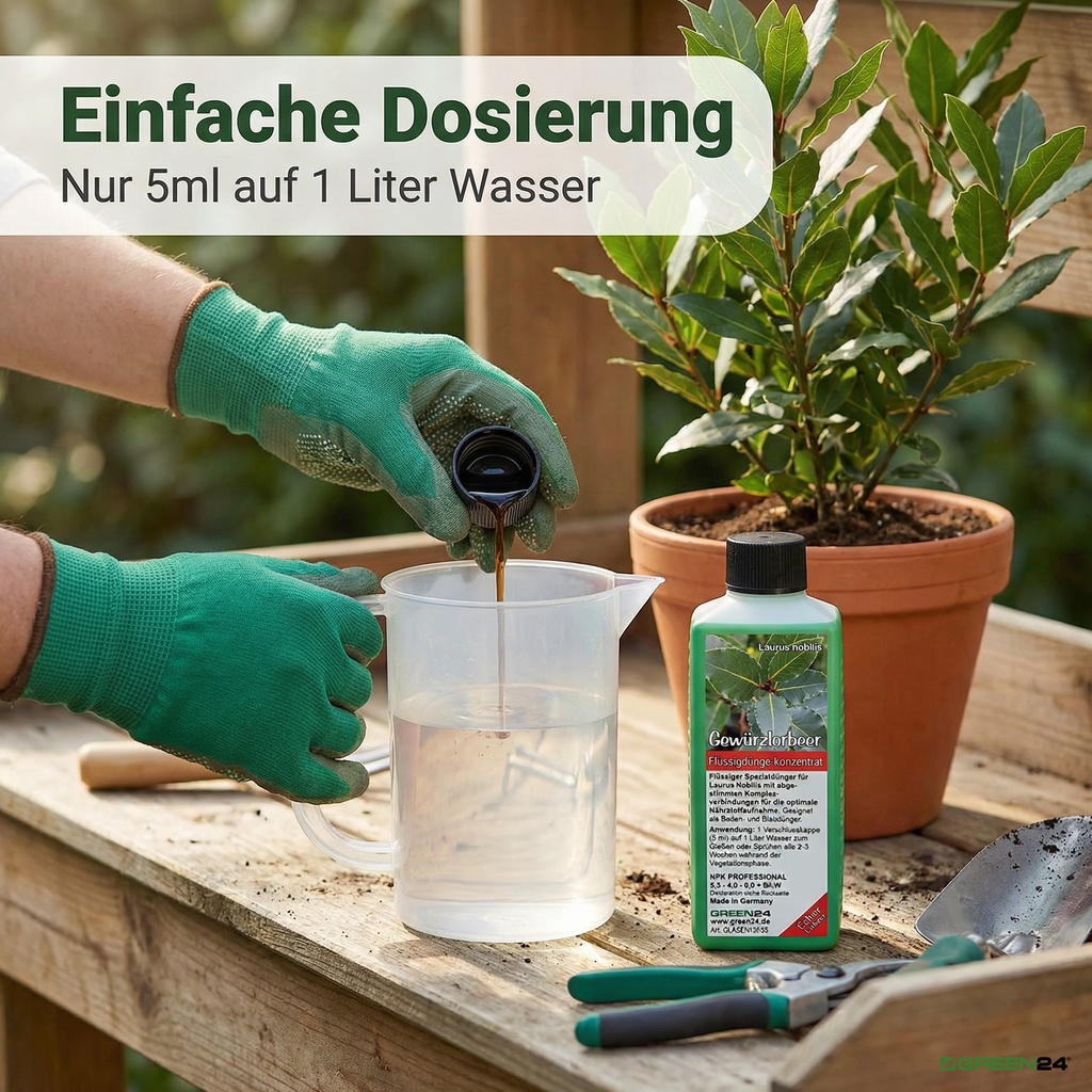 Gewürzlorbeer-Dünger Anwendung - Dosieren von Flüssigdünger in Gießkanne