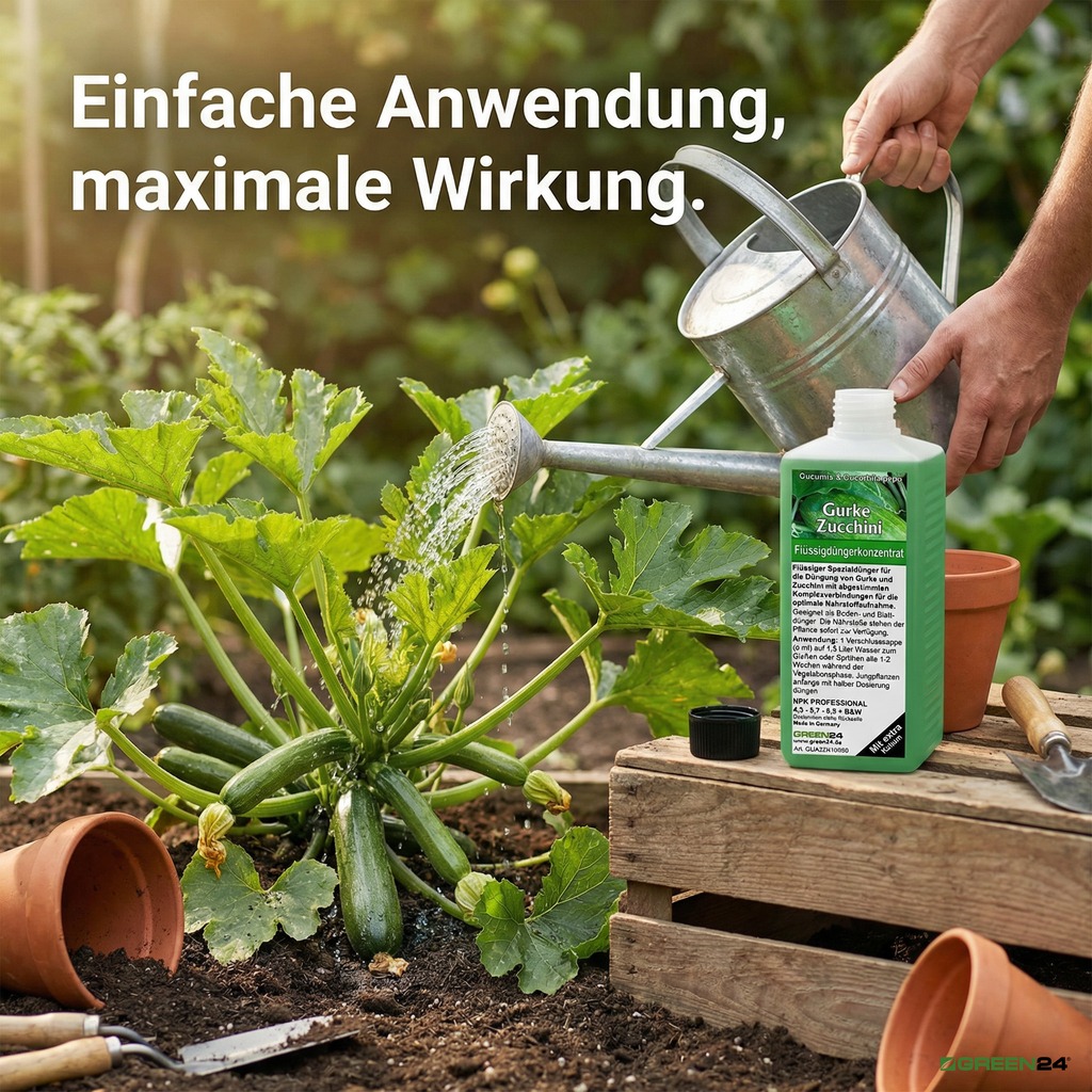 Gurken- & Zucchini-Dünger mit Gießkanne wird an Zucchinipflanze im Garten angewendet