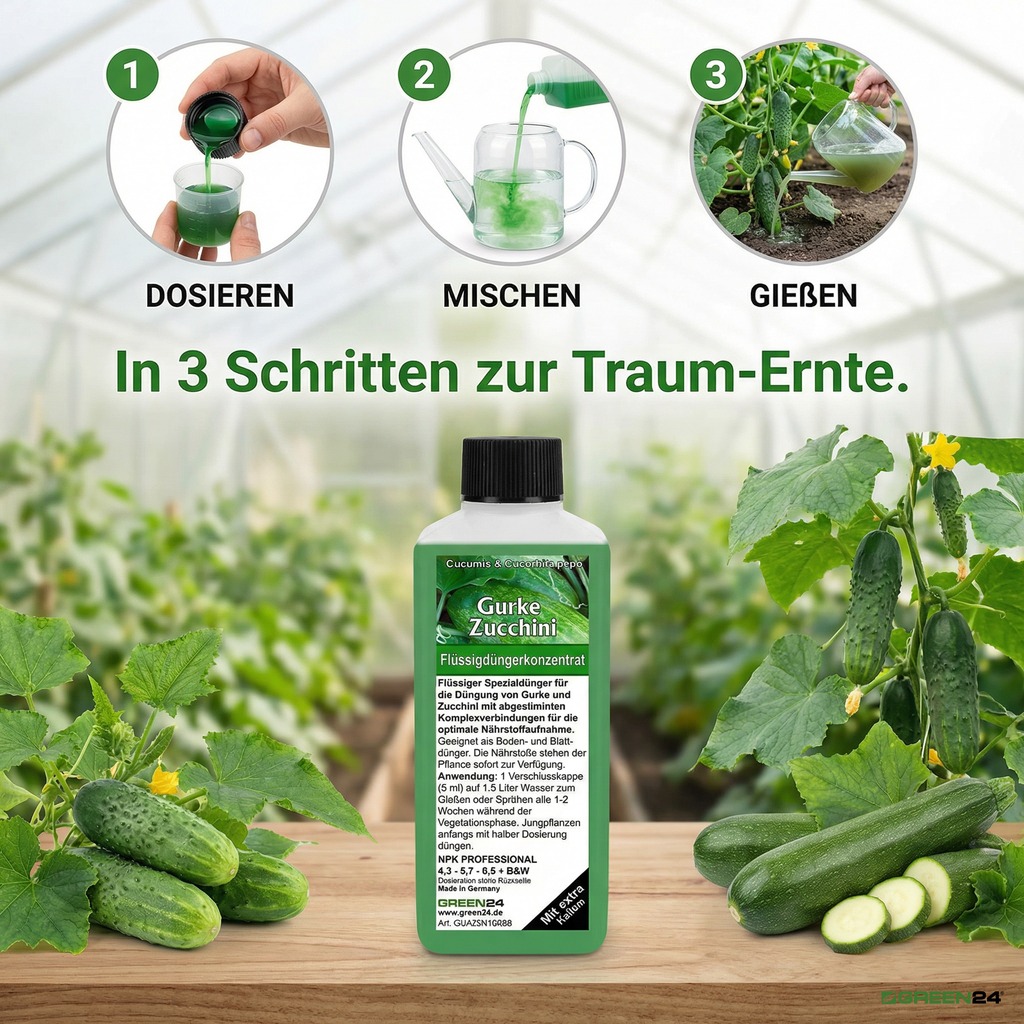 Gurken- & Zucchini-Dünger mit Anleitung zum Dosieren, Mischen und Gießen