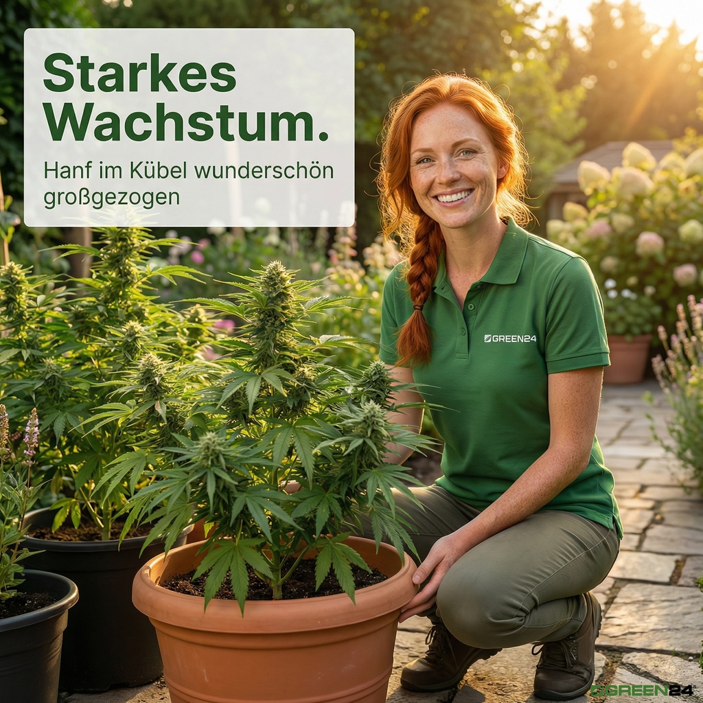 Das starke Wachstum einer wunderschön großgezogenen Hanfpflanze im Kübel.