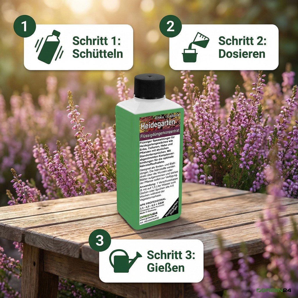 Kurzanleitung zur Anwendung des Heidegarten Düngers in drei einfachen Schritten.