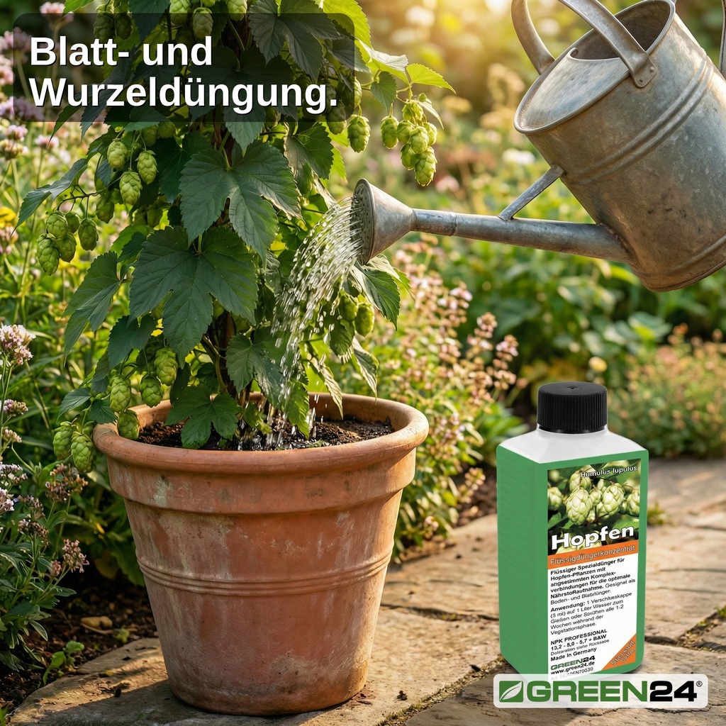 Hopfenpflanze (Humulus lupulus) im Terrakotta-Kübel wird mit Hopfen-Dünger gegossen.