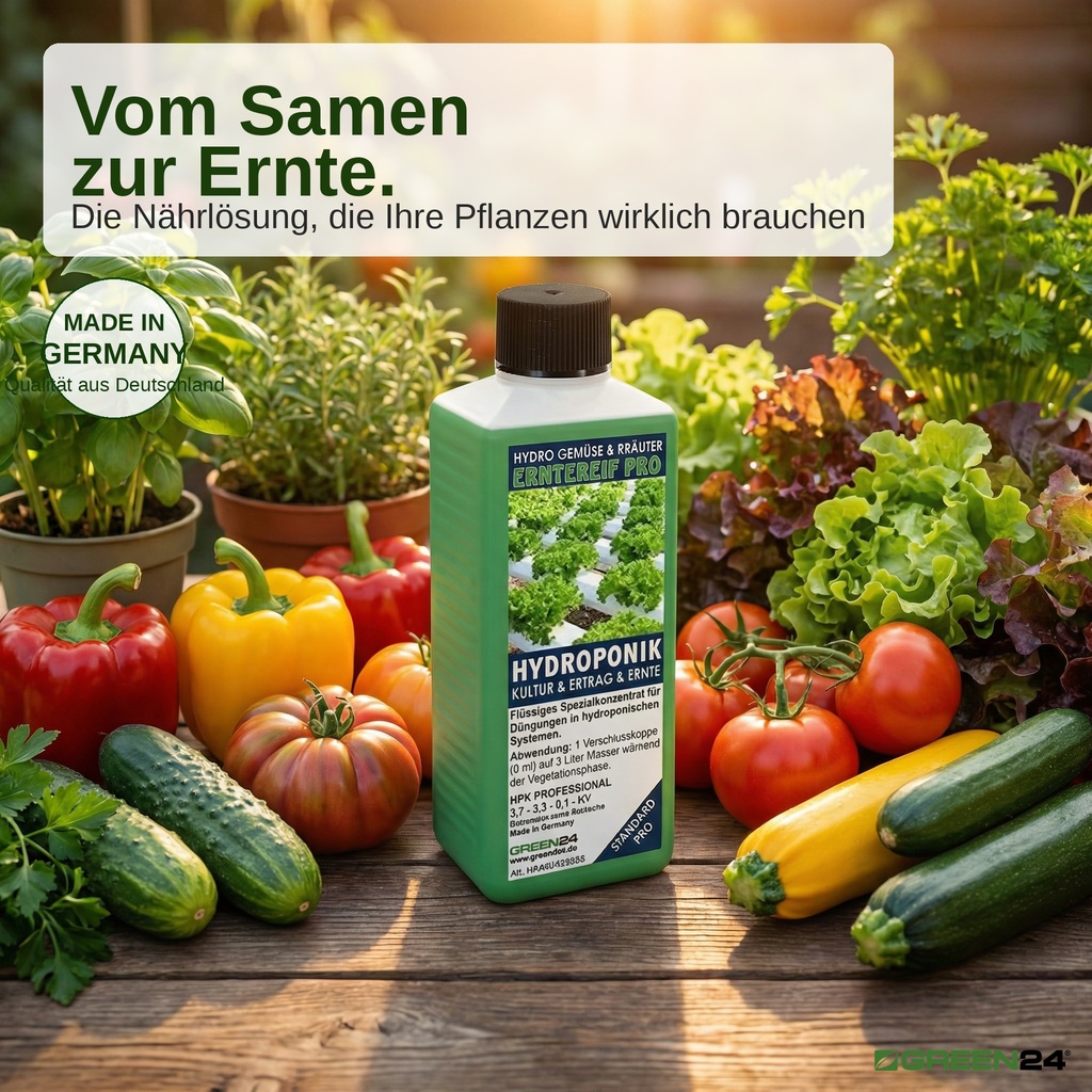 Hydro-Erntereif Nährlösung mit reichhaltiger Gemüse-Ernte – Paprika, Tomaten, Zucchini – Made in Germany Hydroponik-Dünger