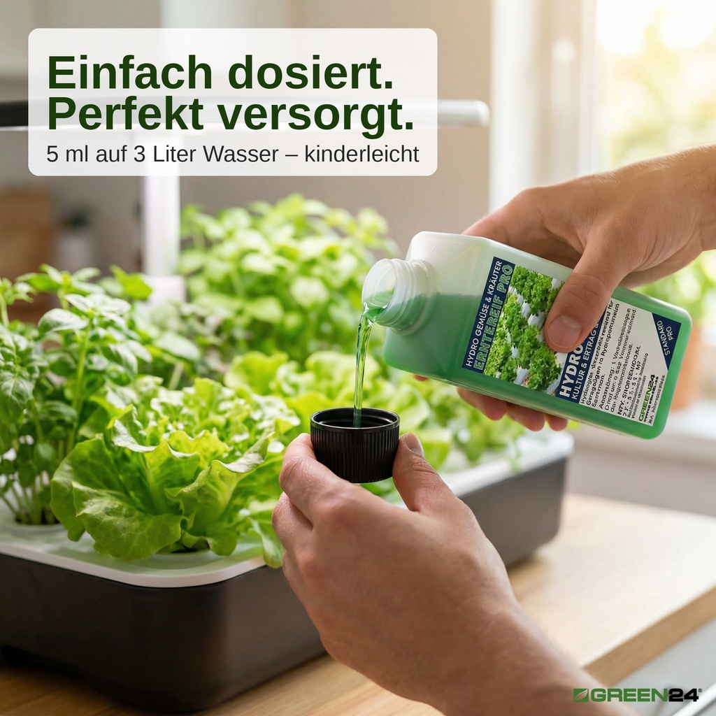 Hydro-Erntereif Nährlösung in Messkappe vor Hydroponik-System mit Salat – einfache Anwendung 5ml auf 3 Liter