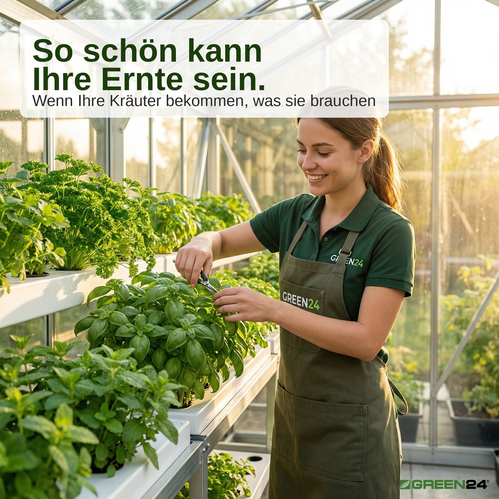 Üppige Kräuter in Hydroponik-Gewächshaus – GREEN24 Hydro-Erntereif Nährlösung