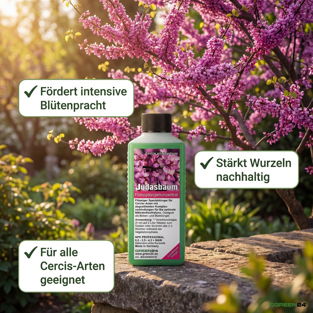Judasbaum Flüssigdüngerkonzentrat - blühender Judasbaum mit Hinweisen zu Wirkung und Anwendung