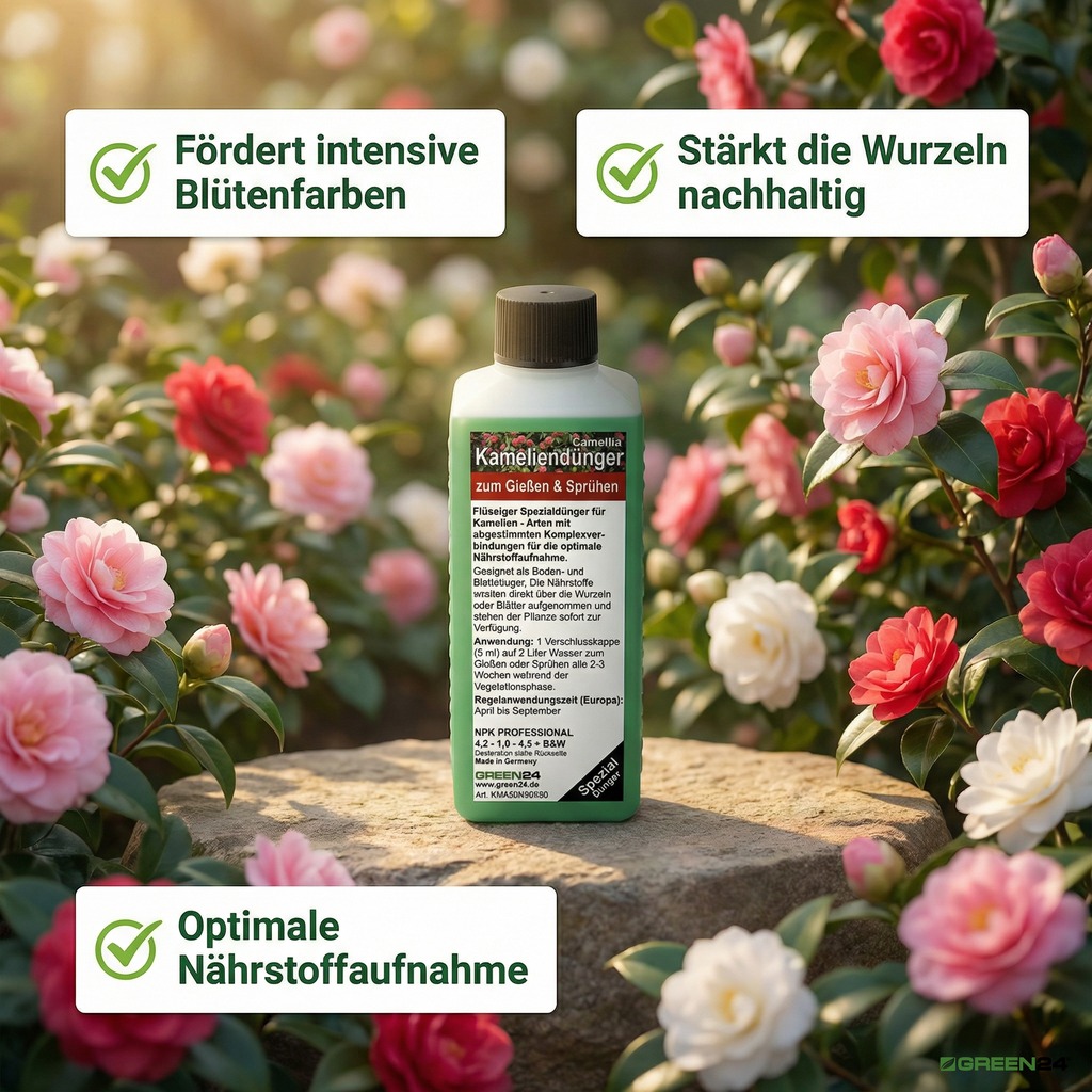 Kameliendünger - umgeben von blühenden Kamelien