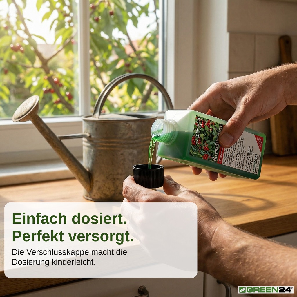 Einfach dosiert. Perfekt versorgt. Kirschbaum-Dünger über die Verschlusskappe in Gießkanne – einfache Dosierung mit 5 ml auf 1 Liter Wasser für Prunus avium und Prunus cerasus