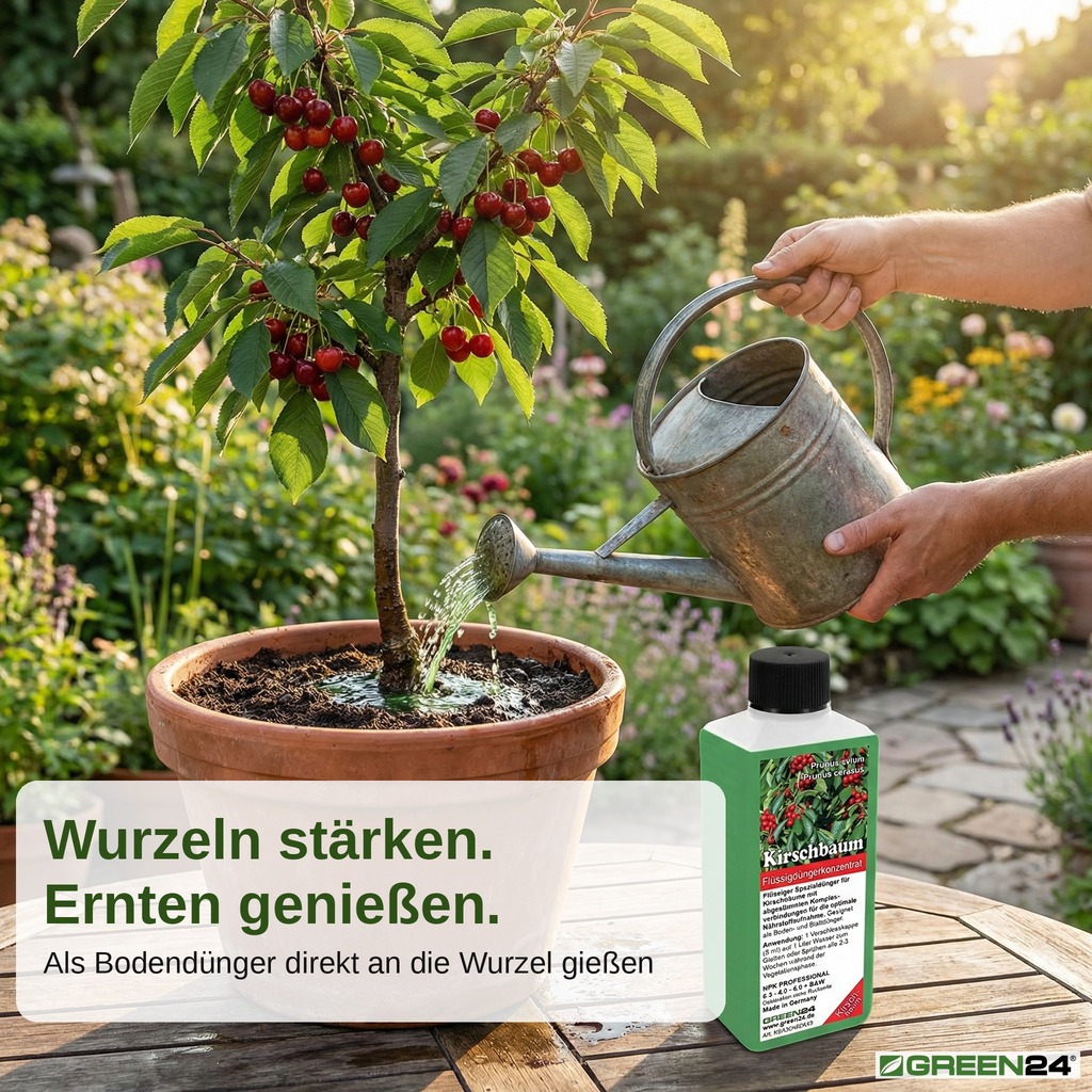 Kirschbaum-Dünger an Wurzeln einer Säulenkirsche im Kübel – Bodendüngung für starke Wurzeln und reiche Kirschernte