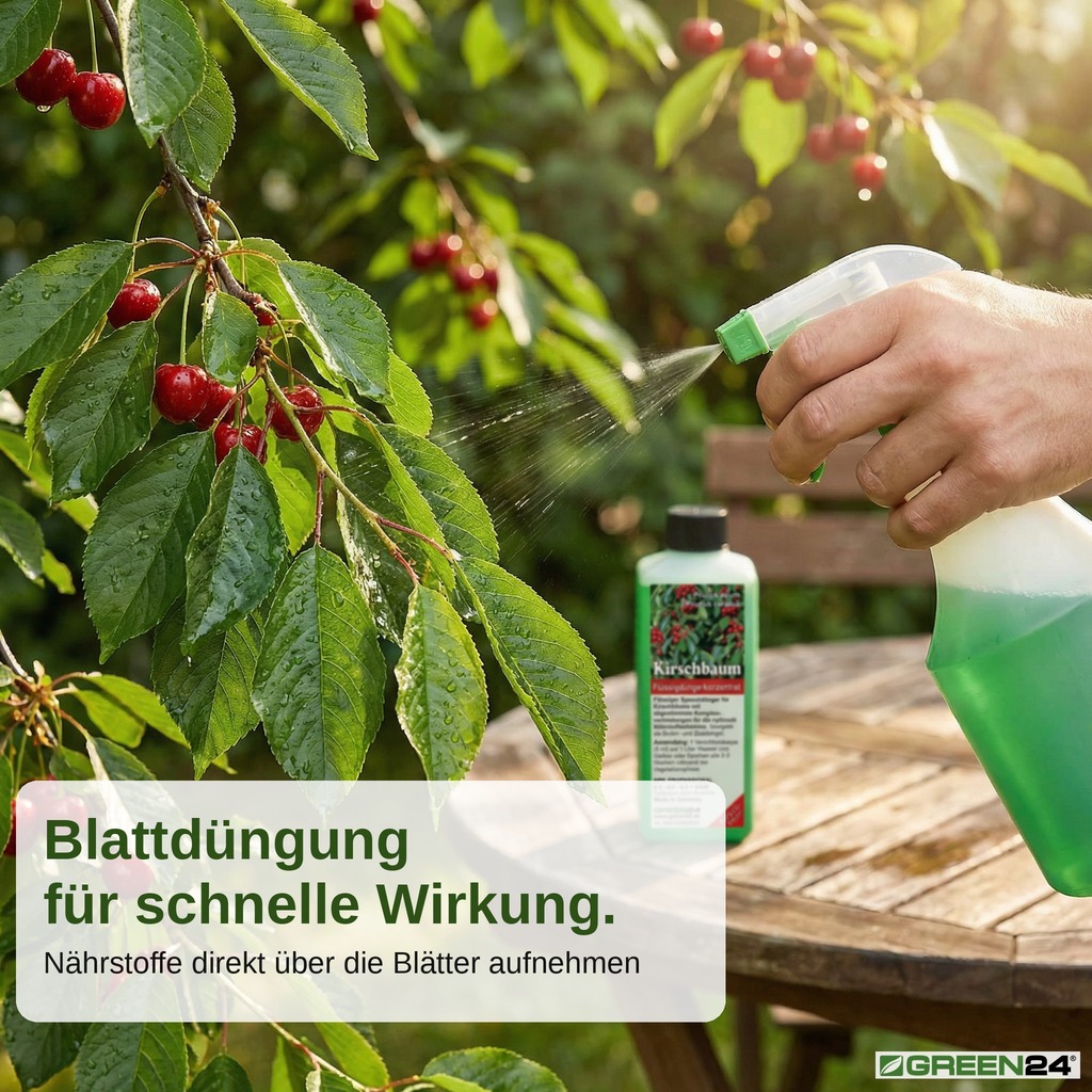 Kirschbaum-Dünger auf Kirschbaum-Blätter – Blattdüngung für schnelle Nährstoffaufnahme bei Prunus avium