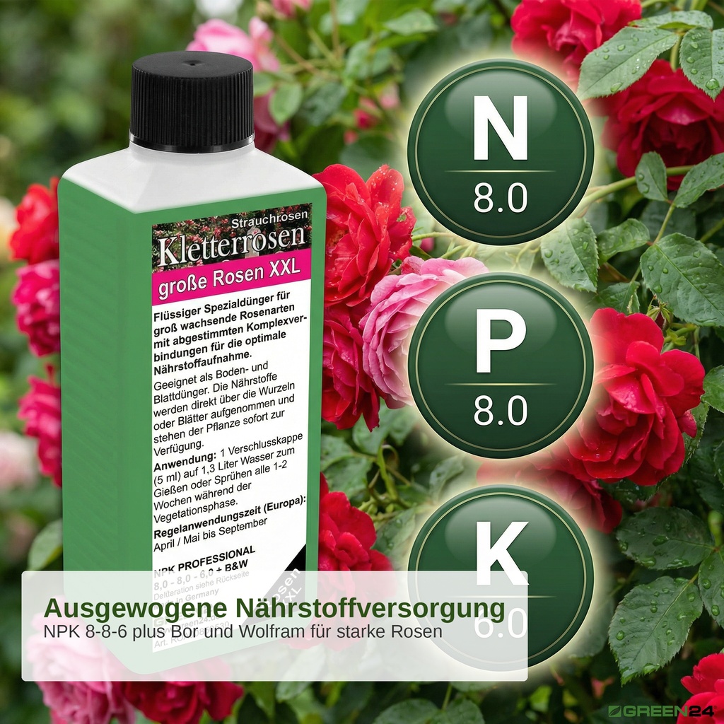 Kletterrosen und Strauchrosen Düngers mit den NPK-Werten 8-8-6