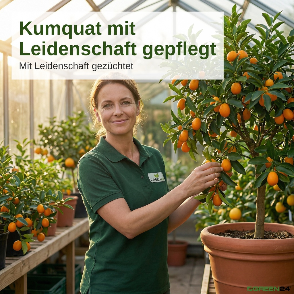 Gedüngter Kumquat-Baum (Fortunella) mit orangefarbenen Früchten im Gewächshaus