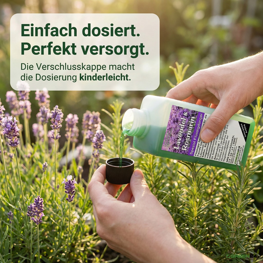 Lavendel & Rosmarin Spezial Flüssigdünger wird in der Messkappe im Garten mit Lavendel und Rosmarin dosiert