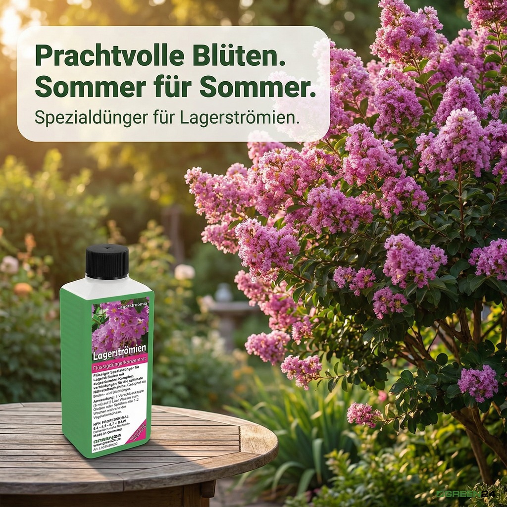  Lagerströmien Dünger für blühende Kräuselmyrte mit rosa Blüten im Garten