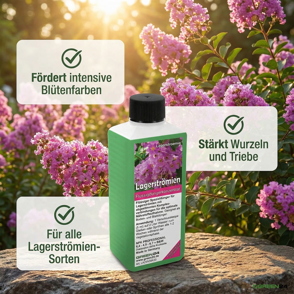 Lagerströmien Dünger mit drei Vorteilen: intensive Blütenfarben, Wurzelstärkung, alle Sorten