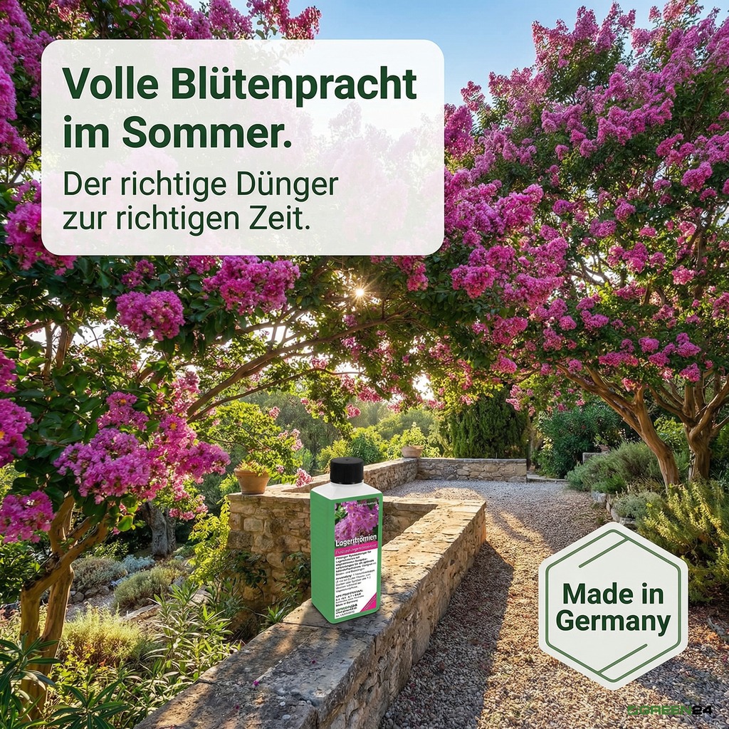 Dünger in mediterranem Garten mit Lagerstroemia-Allee, Made in Germany
