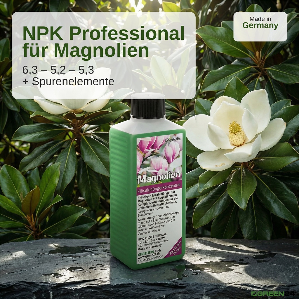 Magnolien-Dünger NPK 6,3-5,2-5,3 mit Magnolia grandiflora Blüte, Made in Germany