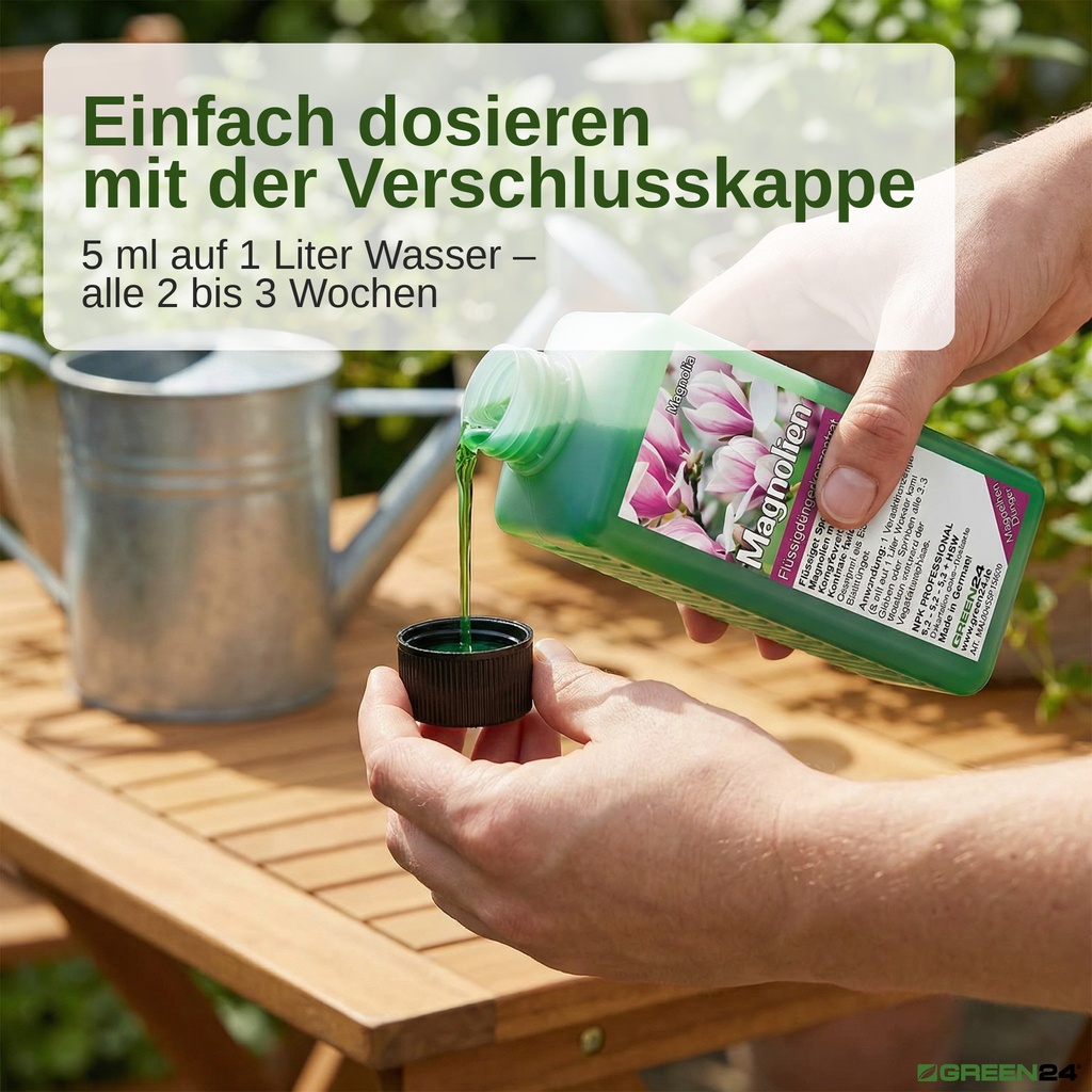 Magnolien-Dünger mit Verschlusskappe als Messbecher, 5 ml auf 1 Liter Wasser