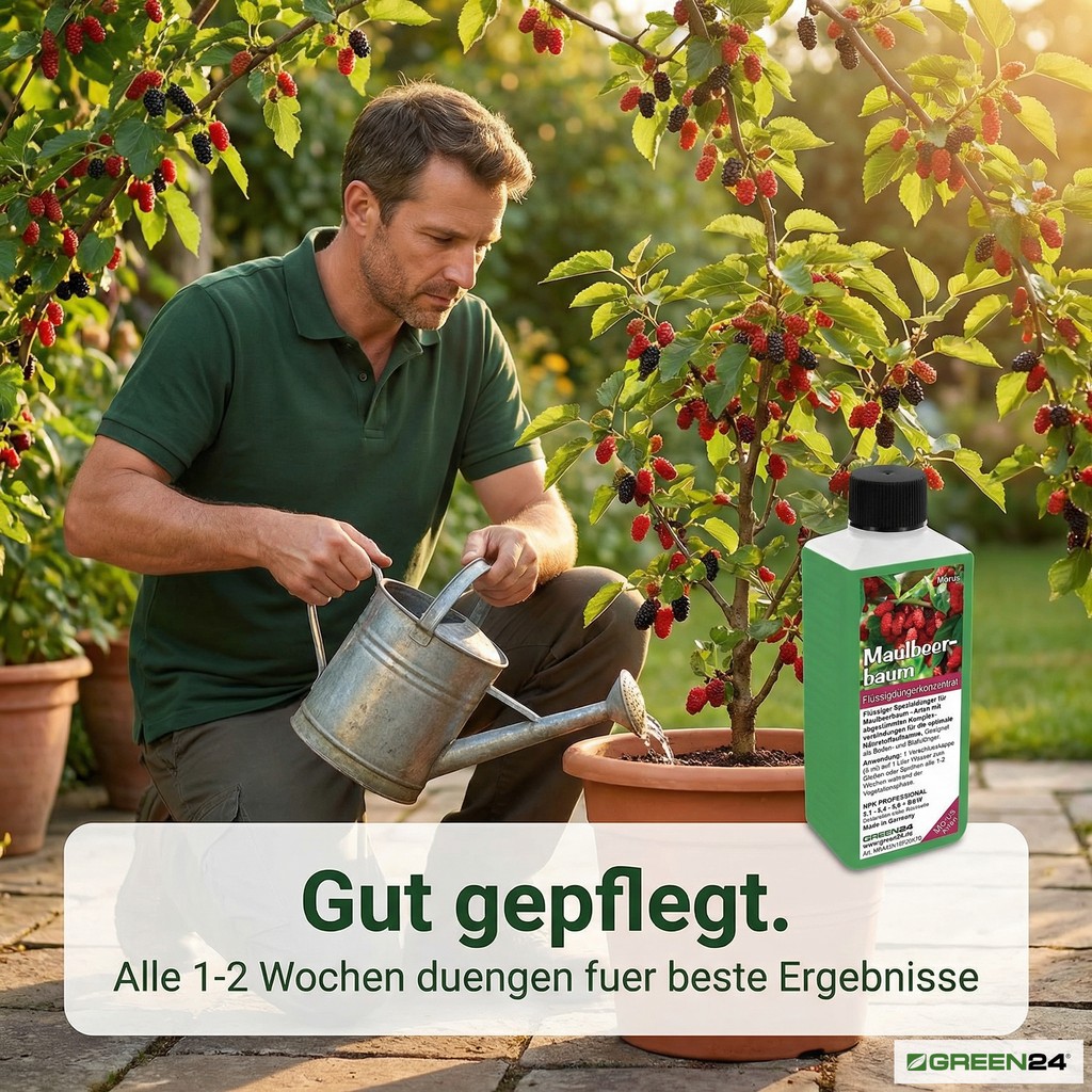 Düngung des Maulbeerbaum mit dem Maulbeerbaum-Dünger per Gießkanne.