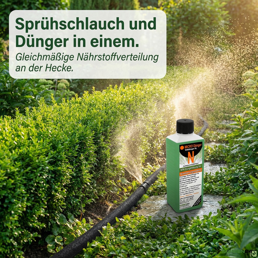 Flüssigdünger im Sprühschlauch mit gleichmäßiger Nährstoffverteilung an grüner Hecke