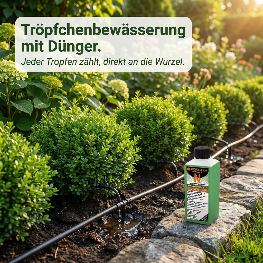 Flüssigdünger in einer Tropfbewässerung im Garten für frische grüne Pflanzen.