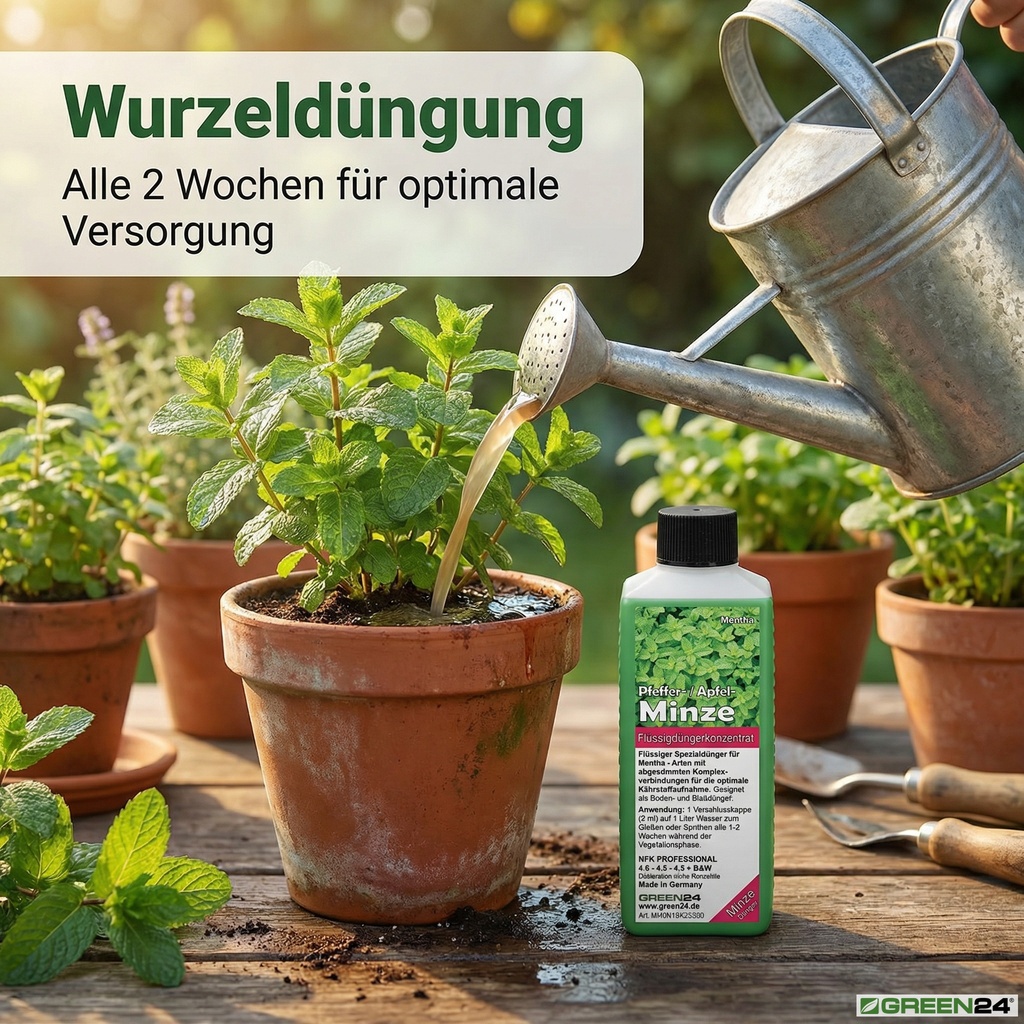 Wurzeldüngung mit dem GREEN24 Minze-Dünger: Eine Gießkanne gießt die verdünnte Düngerlösung in einen Topf mit Minze.