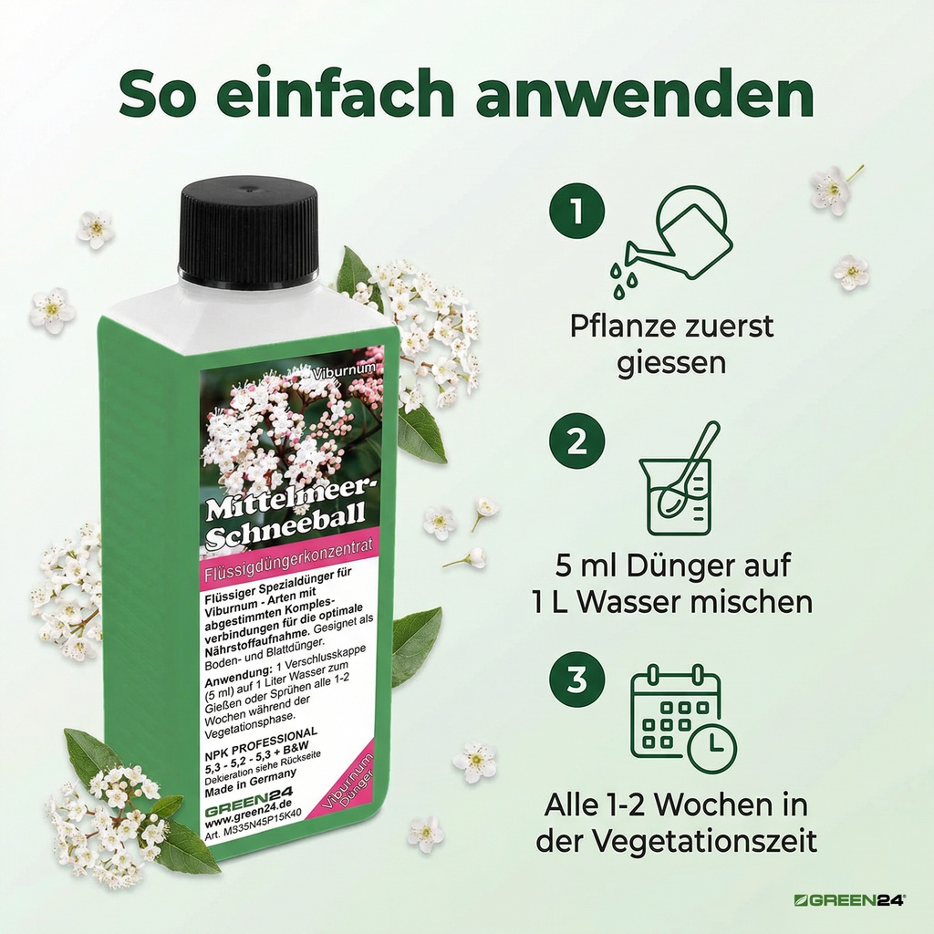 3-Schritt-Anleitung: 1. Pflanze zuerst gießen, 2. 5 ml Dünger auf 1 L Wasser mischen, 3. Alle 1-2 Wochen in der Vegetationszeit.
