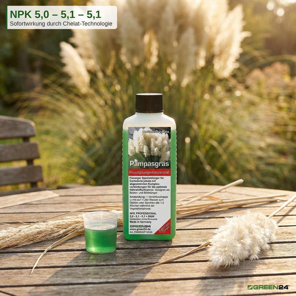 Nährstoff-Zusammensetzung des Pampasgras-Düngers mit NPK 5,0-5,1-5,1 und Chelat-Technologie für schnelle Aufnahme.