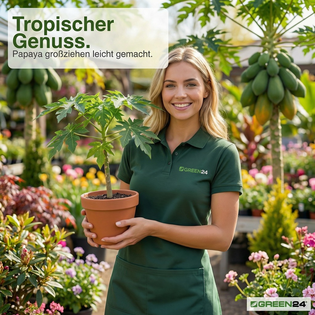 Papaya-Dünger, üppige Carica papaya Pflanze mit grünen Früchten im Kübel