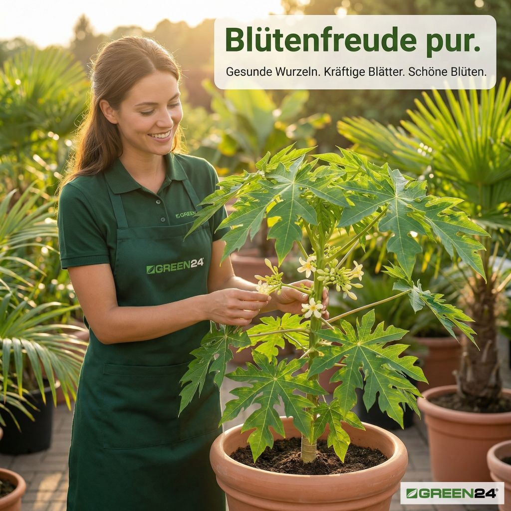 blühende Carica papaya Pflanze im großen Terrakotta-Kübel auf Gartenterrasse – Blütenfreude mit Papaya-Dünger