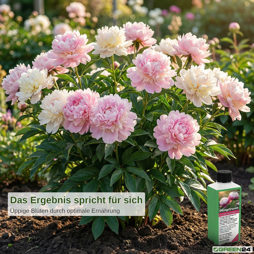 Ergebnis nach der Düngung: Eine üppig blühende Pfingstrose mit vielen rosa und weißen Blüten durch den Pfingstrosen-Dünger