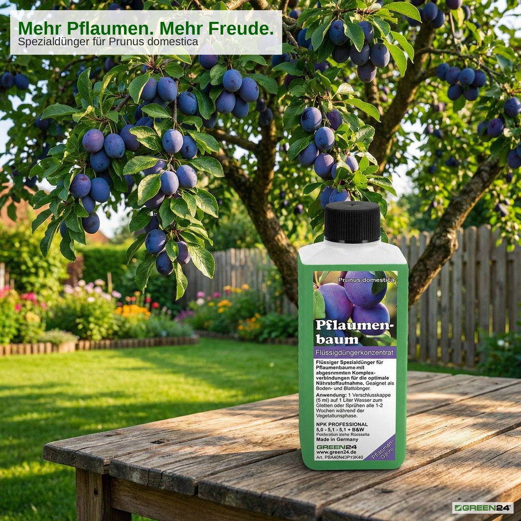 Pflaumenbaum-Dünger für einen üppigen Pflaumenbaum (Prunus domestica) mit reifen blauen Pflaumen im Sommergarten – Flüssigdüngerkonzentrat NPK Professional, Made in Germany