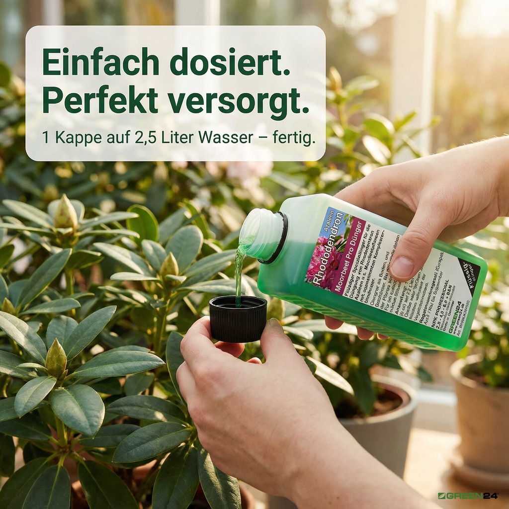 Rhododendron & Azaleen Moorbeet Pro Dünger wird in Kappe zum Dosieren gegossen