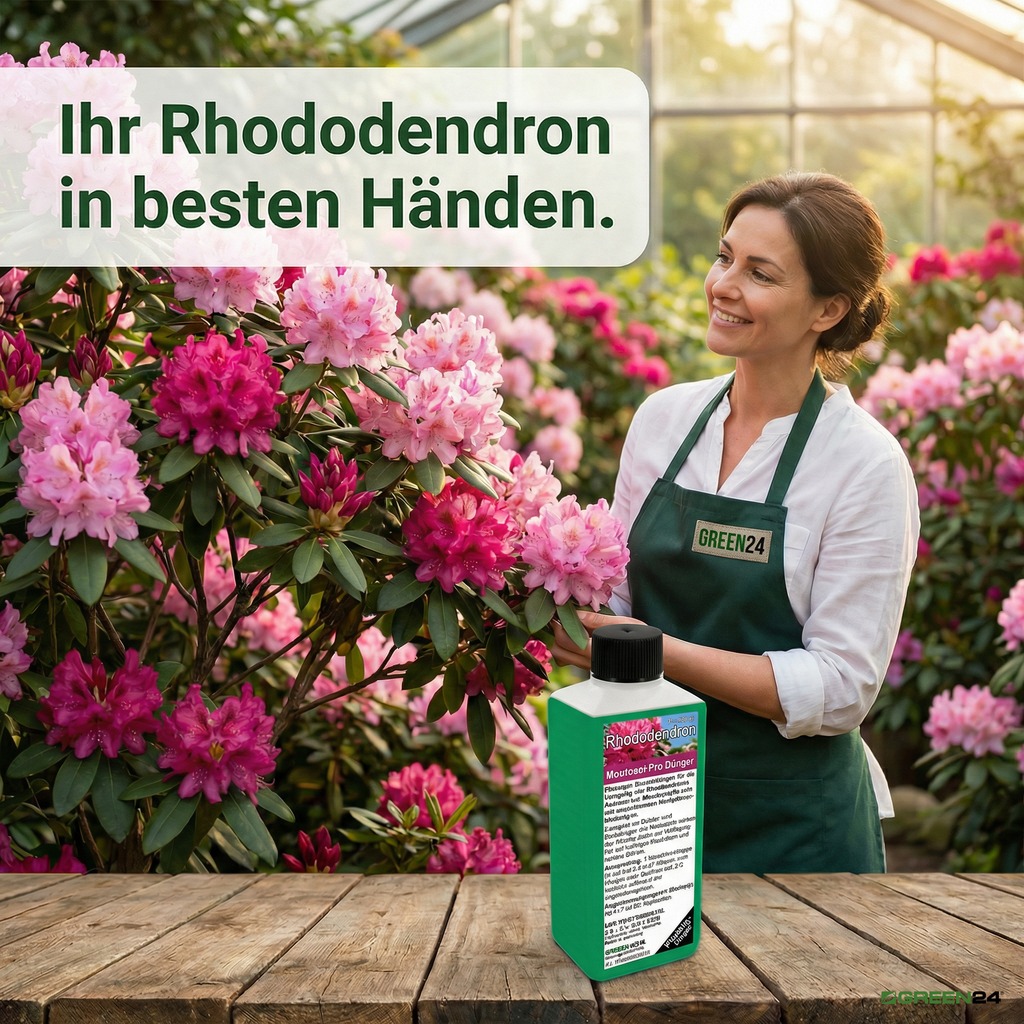  Rhododendron & Azaleen Moorbeet Pro Dünger vor blühenden Rhododendren