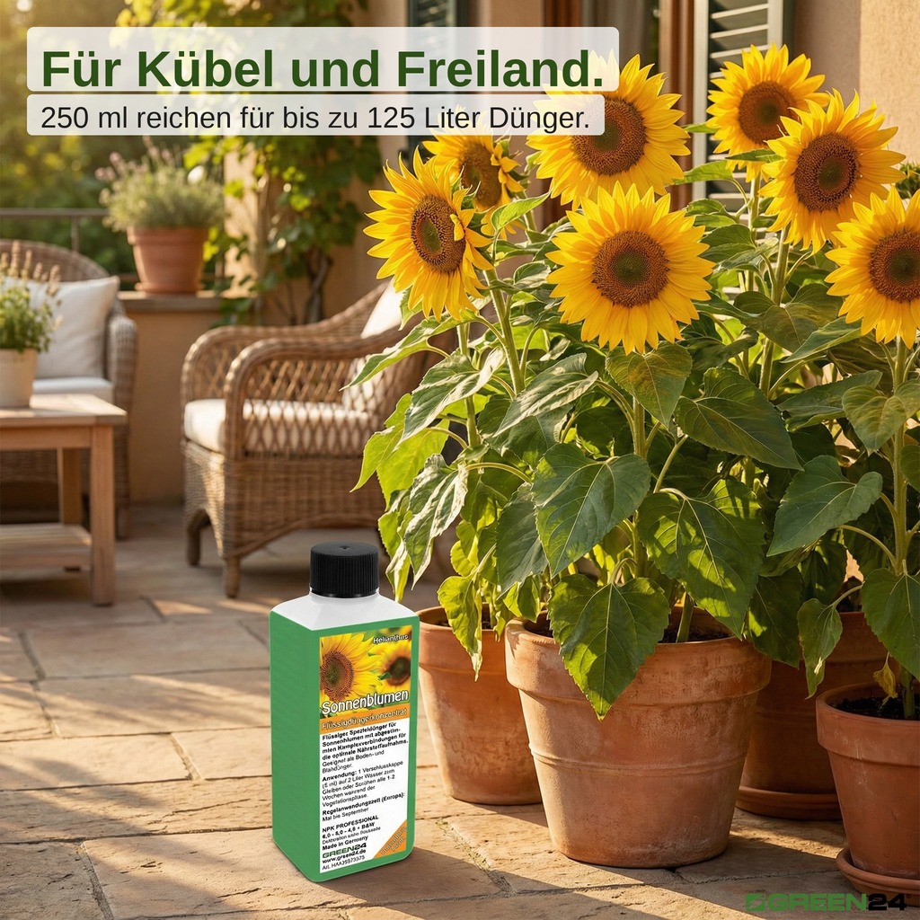 Sonnenblumen-Dünger. Für Kübel und Freiland. 250 ml reichen für bis zu 125 Liter Dünger.