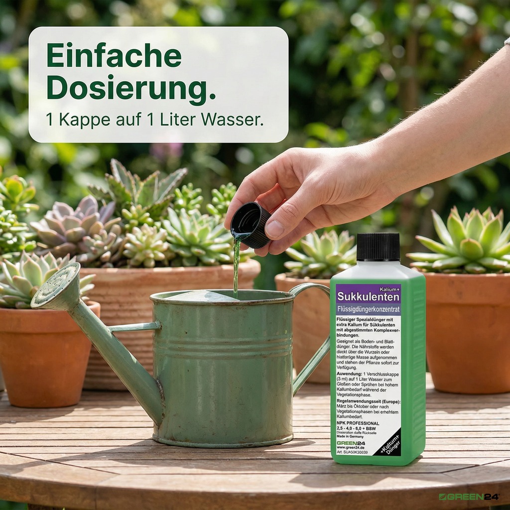 Sukkulenten-Dünger Kalium+ wird in Gießkanne dosiert