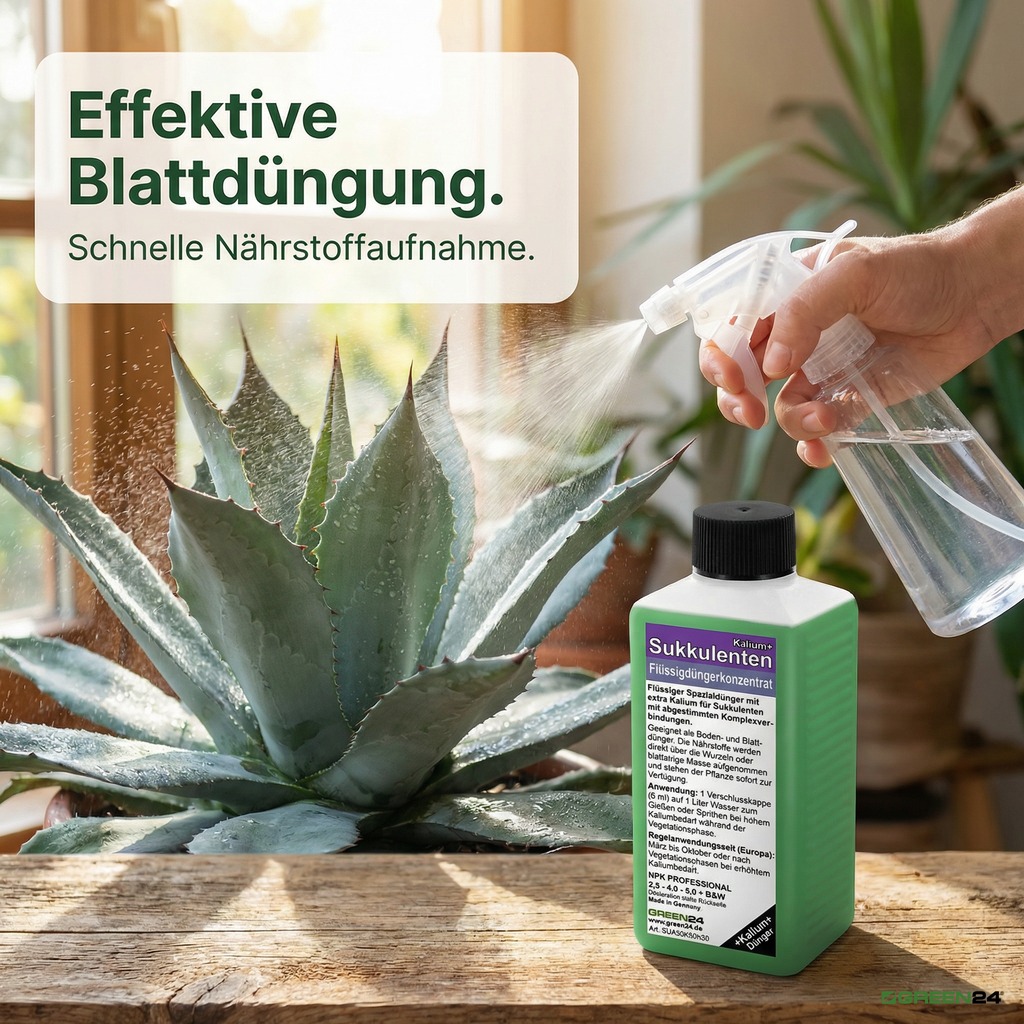 Sukkulenten-Dünger Kalium+ mit Sprühflasche wird auf Agavenpflanze zur Blattdüngung angewendet