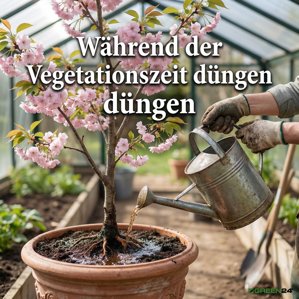 Gärtner gießt Zierkirsche im Kübel mit verdünntem Dünger während der Vegetationszeit